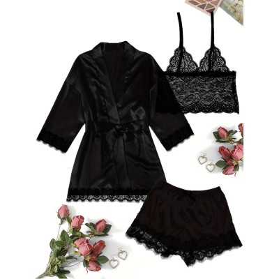 SET Pijama dama din Satin si dantela (3 piese) culoare Negru - Valentine's Day