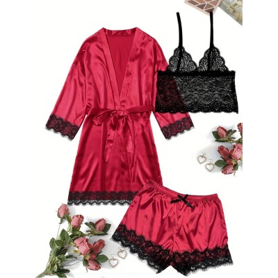 SET Pijama dama din Satin si dantela (3 piese) culoare Rosu - Valentine's Day