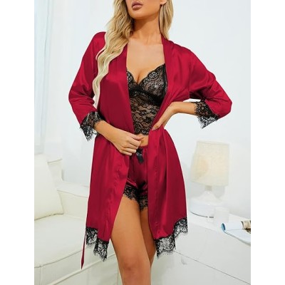 SET Pijama dama din Satin si dantela (3 piese) culoare Rosu - Valentine's Day