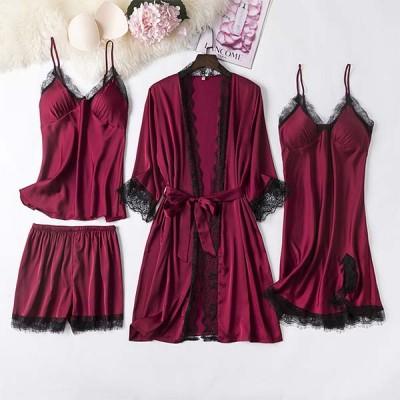 SET 4 PIESE - Pijama dama din Satin si dantela, culoare Rosu inchis - Valentine's Day