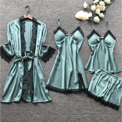 SET 4 PIESE - Pijama dama din Satin si dantela, culoare Turquoise 