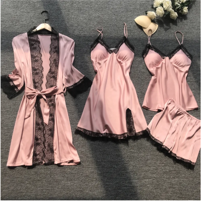 SET 4 PIESE - Pijama dama din Satin si dantela, culoare Roz - Valentine's Day
